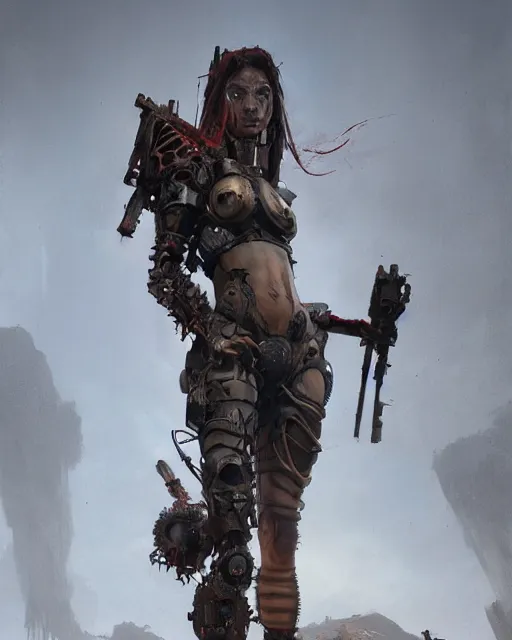 Prompt: hyper realistic photo of postapocalyptic tribal cyborg girl, full body, cinematic, artstation, cgsociety, greg rutkowski, james gurney, mignola, craig mullins, brom