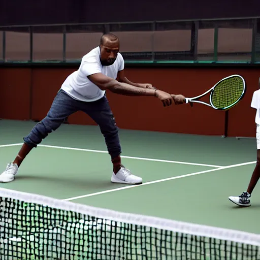 Prompt: kanye west playing tennis against a clone of himself