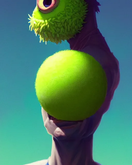 Image similar to highly detailed vfx portrait of a character of a tennis ball monster stephen bliss, unrealengine, greg rutkowski, loish, rhads, beeple, makoto shinkai and lois van baarle, ilya kuvshinov, rossdraws, tom bagshaw,