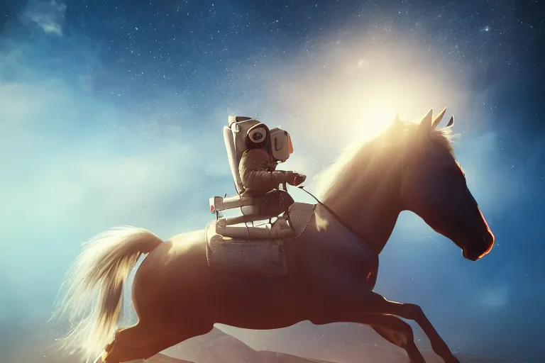 Image similar to a horse on top and an astronaut on bottom, 4 k, ultra details, cinematic, epic style, beautiful photo, hyper realistic, octane render, unreal engine, award winning, on artstation, volumetric lightning, masterpiece, golden hour,