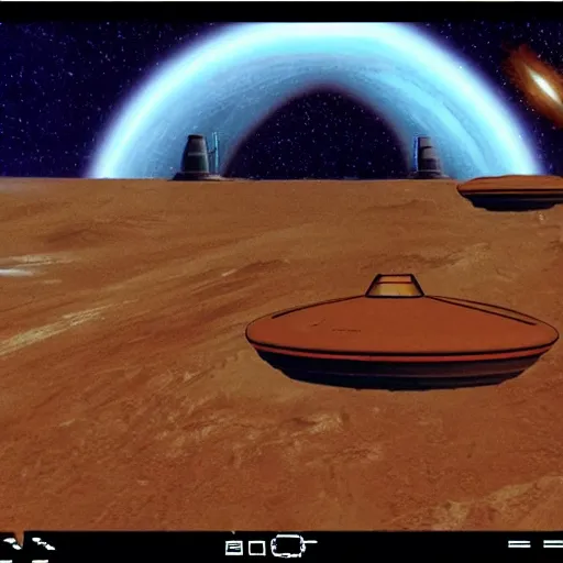 Image similar to screenshot from 1 9 8 0 s point and click star trek game showing a landing party on an alien planet