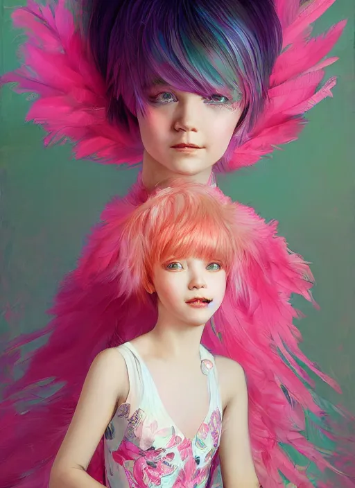 Prompt: beautiful little girl with an pink eccentric haircut wearing an dress made of feathers dancing on stage, artwork made by ilya kuvshinov, inspired in donato giancola, hd, ultra realistic, reflection, flowers, light, realistic face, bird tattoo, trending on pixiv, 8 k, ray tracing