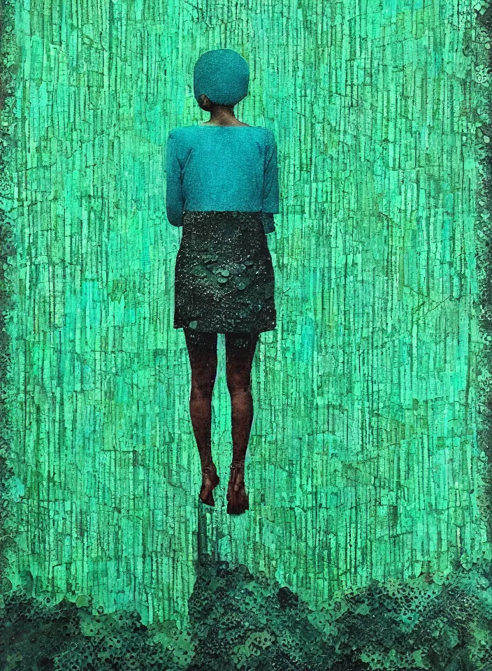 Prompt: symmetry!! cancer!!!! a girl stands in a dark green and turquoise rain forest detailed analogue mixed media collage with canvas texture in the style of contemporary art complex, dramatic lighting, intricate, highly detailed, sharp focus, luminous