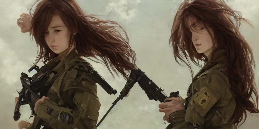 Prompt: soldier girl, alone, ground explosion, anime style, long hair, hair down, symmetrical facial features, under heavy fire, hyper realistic, pale skin, 4 k, rule of thirds, extreme detail, detailed drawing, trending artstation, hd, fantasy, d & d, realistic lighting, by alphonse mucha, greg rutkowski, sharp focus, backlit, soldier clothing