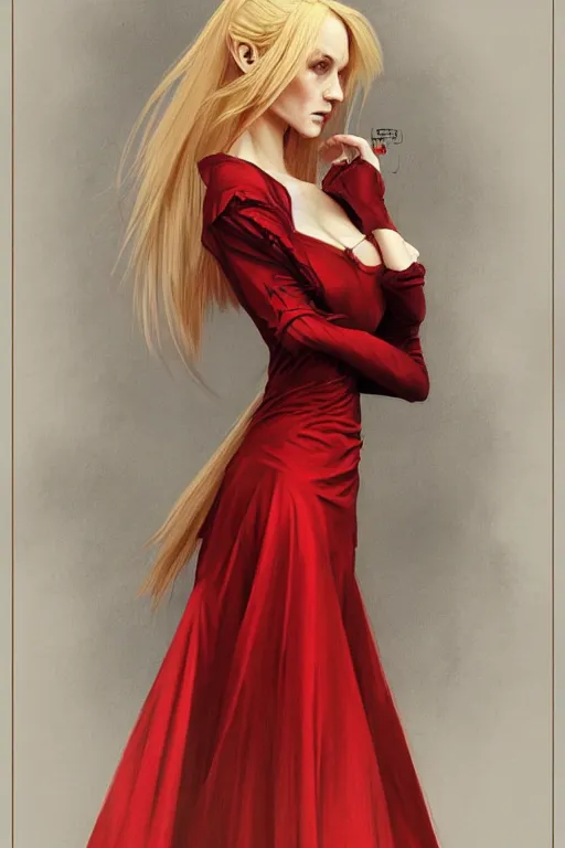 Image similar to nosferatu princess, blonde hair, wearing a red dress, highly detailed, digital painting, artstation, concept art, smooth, sharp focus, illustration, art by artgerm and greg rutkowski and alphonse mucha and andrei riabovitchev