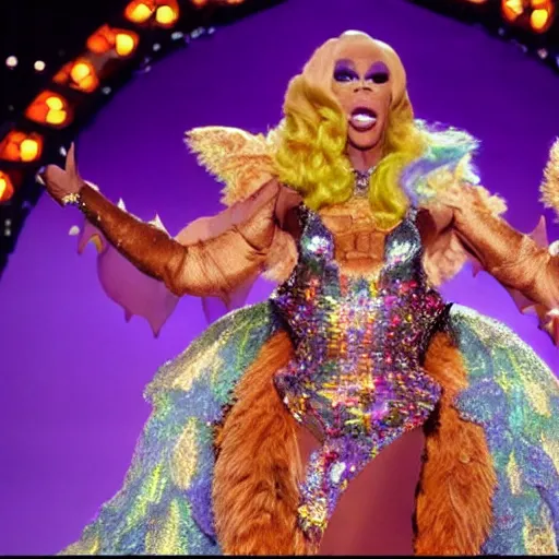 Image similar to rupaul's dragon race, television still, fantasy reality show, dragons, drag queens