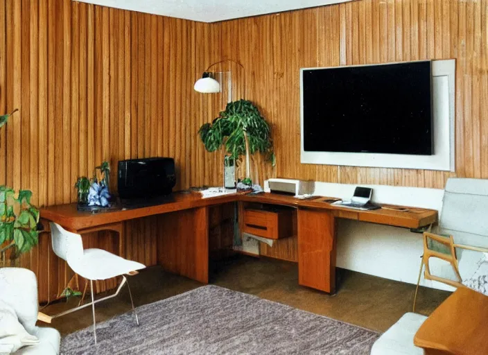 Image similar to 1 9 8 0 s living room with wood panel walls with apple iie computer in the corner on a roll - top desk and television on top