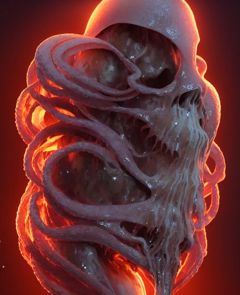 Image similar to hooded goddess close - up portrait hooded human skull, ram skull, squid phoenix jellyfish, orchid, betta fish, bioluminiscent, intricate artwork by tooth wu and wlop and beeple. octane render, trending on artstation, greg rutkowski very coherent symmetrical artwork. cinematic, hyper realism, high detail, octane render, 8 k