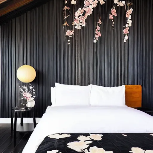 Prompt: bedroom, interior design, stylish luxury hotel bedroom design, yakisugi, black vertical slatted timber, textures, feminine, black walls, art, Japanese pottery vase with flowers, kakejiku Japanese scroll, seasonal, Japanese influences