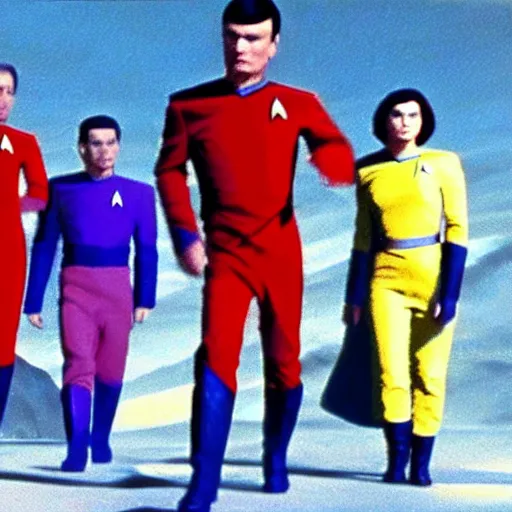 Prompt: a still from star trek showing a group of characters in red, blue, gold star trek uniforms in the far distance on an alien planet.