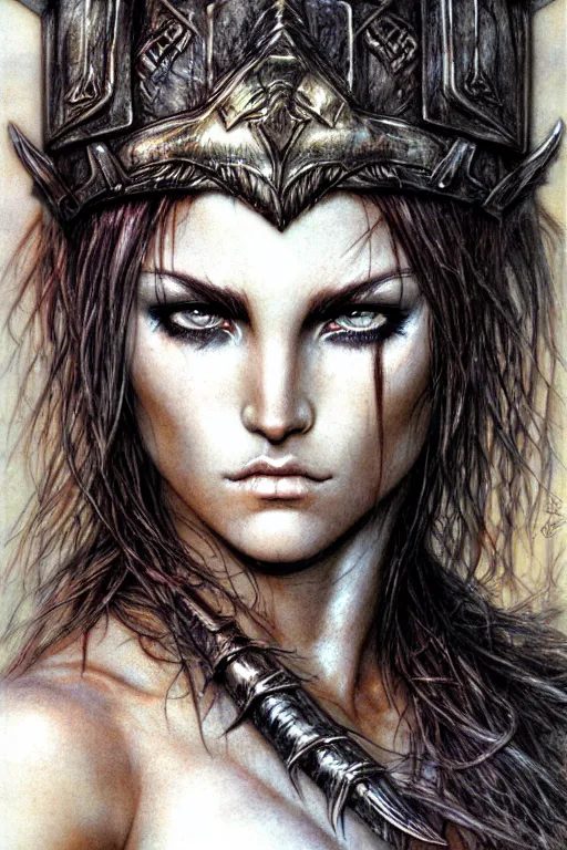Prompt: head and shoulders portrait of a barbarian, female, high fantasy, d & d, by luis royo, face details, extremely detailed, sharp focus, digital illustration,