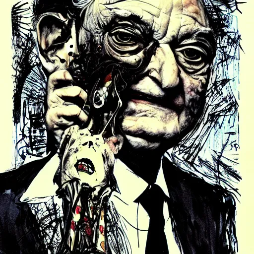 Image similar to George Soros by Ralph Steadman, illustration, body horror, biopunk