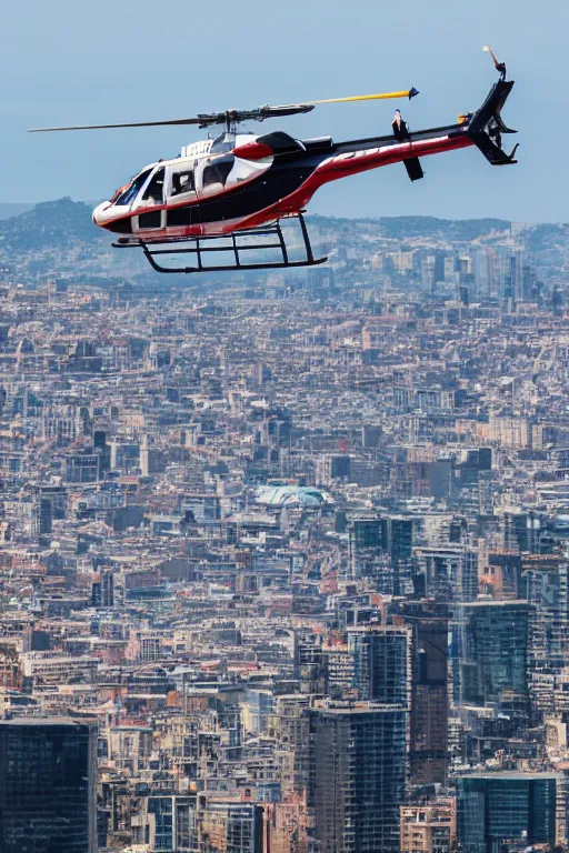 Image similar to a 5 0's helicopter flying over the city