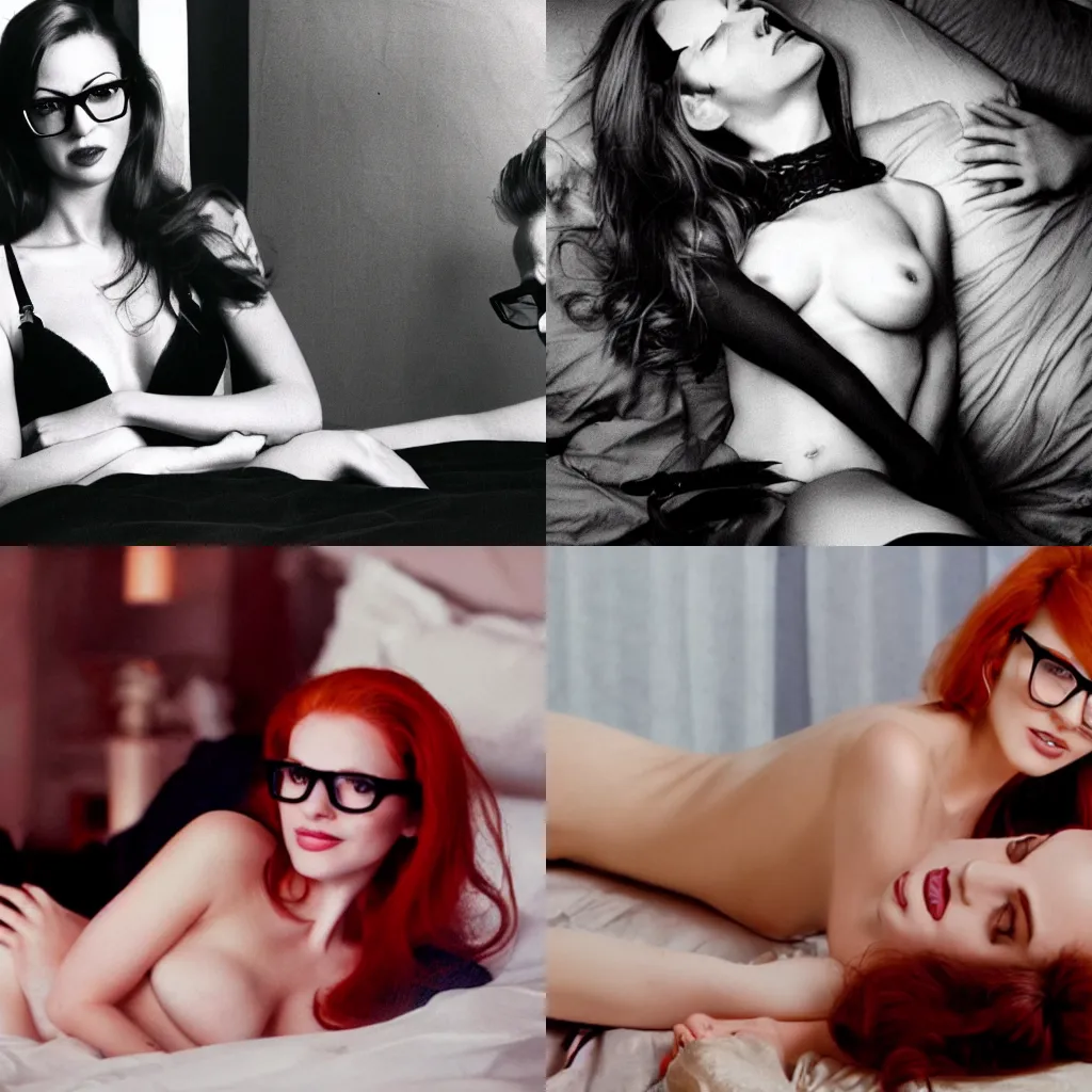 Prompt: photograph of a beautiful sexy seductive slim redhead woman with glasses lying on a big bed next to a man wearing an occult mask