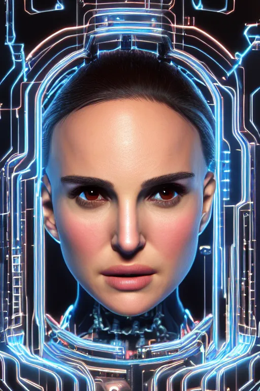 Image similar to close up headshot of Natalie Portman as a female android, intricately detailed mechanical parts, complicated circuits and wires, beautiful gazing symmetric blues eyes, unreal engine, path tracing, 8k, artstation