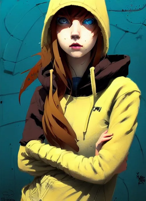 Prompt: highly detailed portrait of a sewerpunk pretty young adult lady, blue eyes, hoody, hat, by atey ghailan, by greg rutkowski, by greg, tocchini, by james gilleard, by joe fenton, by kaethe butcher, gradient yellow, black, brown and cyan color scheme, grunge aesthetic!!! ( ( graffiti tag street background ) )