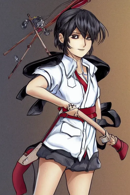 Image similar to young-looking dark-skinned female mage with brown bob-cut hair, wearing white shirt and necklace with grey short-sleeved jacket with red trim, belt, black pants and boots with red lacing, and carrying a wooden staff with floating red crystals. illustrated by Kouta Hirano