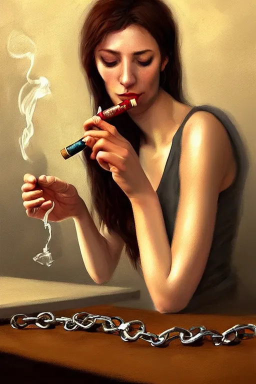 Image similar to beutifull and very tired womanlooking pile smoking a winebottle, drugs, cigarrette boxes at the table, fantasy, intricate, elegant, highly detailed, digital painting, artstation, concept art, addiction, chains, smooth, sharp focus, illustration, art by Ilja Repin