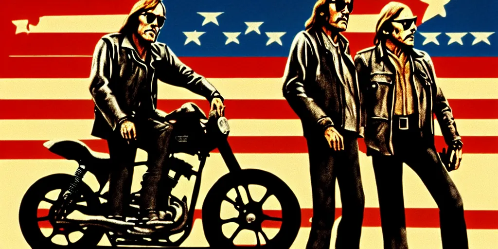 Image similar to easy rider movie poster with henry fonda and dennis hopper, unreal engine, detailed