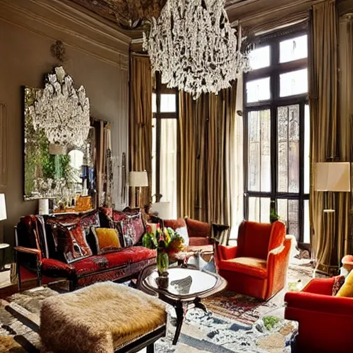 Prompt: a living room filled with furniture and lots of windows, featured on pexels, maximalist, hall of mirrors