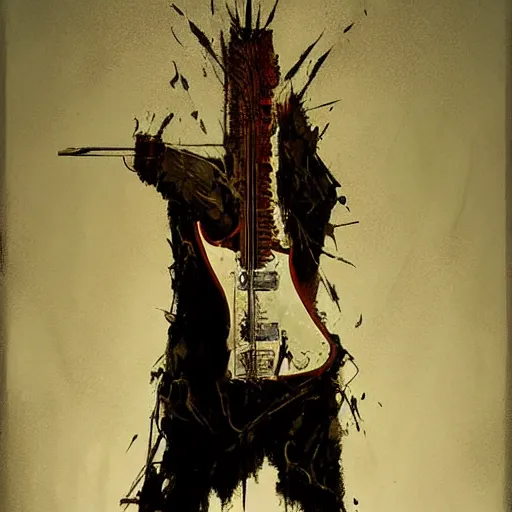 Image similar to flying v guitar in hand of man by greg rutkowski