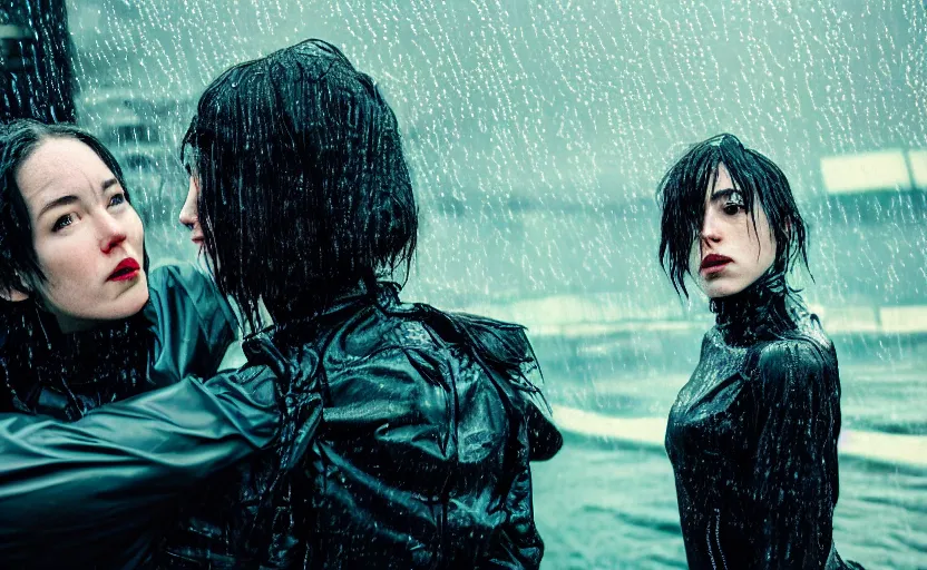 Image similar to cinestill 5 0 d candid action photographic portrait by quentin tarantino of two loving female androids wearing rugged black mesh techwear in treacherous waters, extreme closeup, modern cyberpunk retrofuturism moody emotional cinematic, pouring iridescent rain, 8 k, hd, high resolution, 3 5 mm, f / 3 2, motion blur, ultra realistic faces, ex machina, tesla