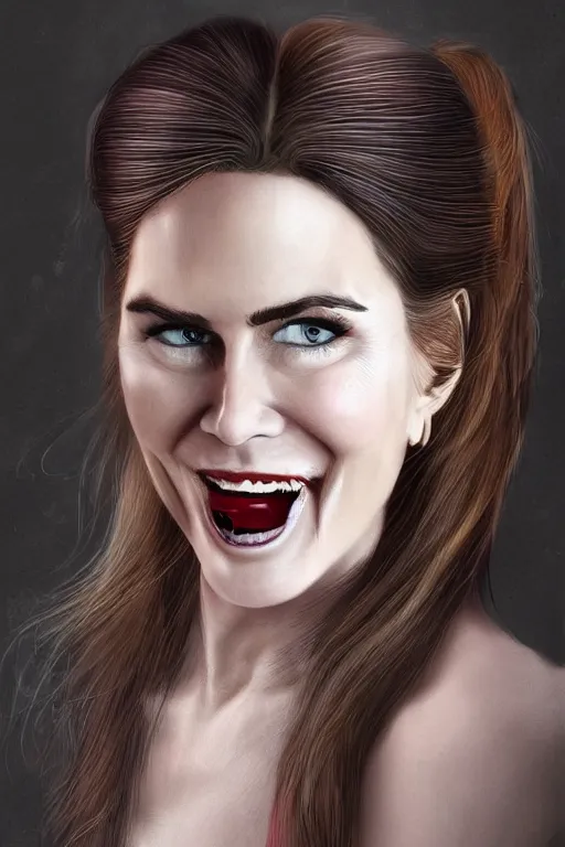 Image similar to mix of beautiful young maria shriver, mariel hemmingway, brooke shields, nicole kidman and elle macpherson as a vampire showing vampire teeth, ready to bite, thin lips, hair tied up in a pony tail, dark blonde hair, colorful, deviantart, artstation, cgsociety