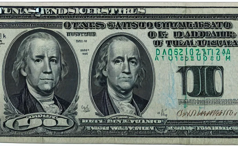 Prompt: rectangular photograph of ten dollar u. s. currency note featuring president biden