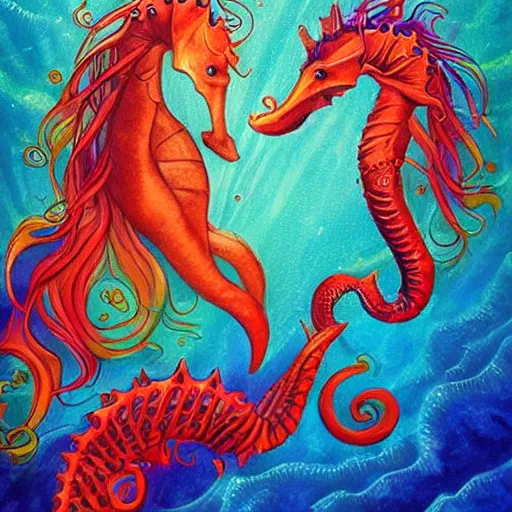 Prompt: merfolk riding seahorses, trending on artstation, colorful, intricate, art by aurore folny