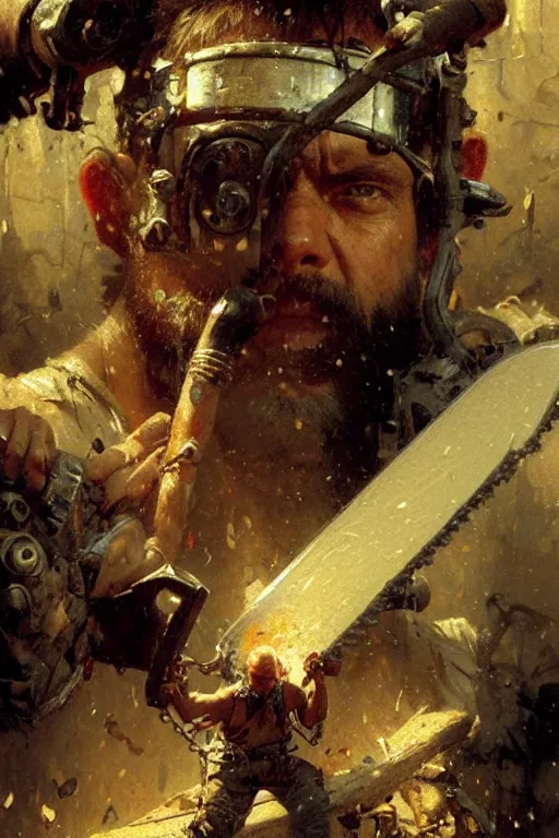 Prompt: man with a chainsaw for a head and chainsaws for arms portrait dnd, painting by gaston bussiere, craig mullins, greg rutkowski, yoji shinkawa