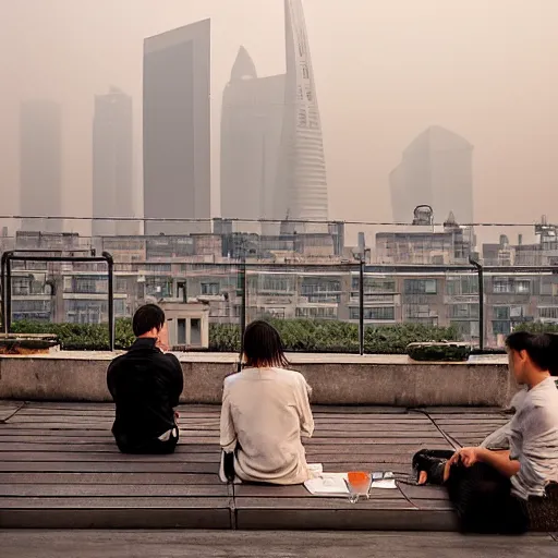 Image similar to a small rooftop with a couple of people sitting and watching the view, wearing black modern clothes, messy hair, modern shanghai bund in smog is on the background, sunset, pale colors, by gregory crewdson