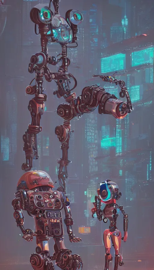 Image similar to a steampunk robot and a cyberpunk robot, face to face, water drops, sharp focus, james gilleard, cinematic, game art, extremely detailed digital painting