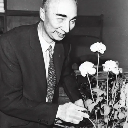 Image similar to photo of robert oppenheimer selling flowers