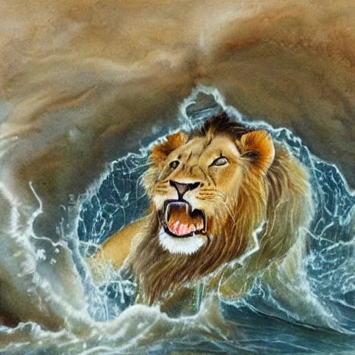 Image similar to a male lion's face breaching through a wall of water, water sprites, splashing, deep blue water color, highly detailed