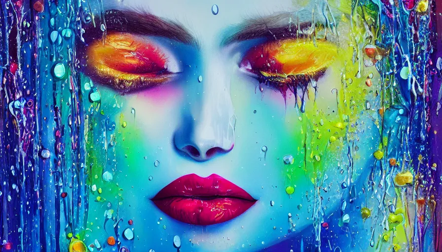 Image similar to sweet dreams, painting on canvas, watedrops, water droplets, acrylic painting, acrylic pouring, painting, influencer, artstation - h 8 0 0