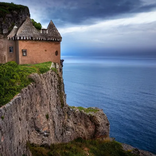 Prompt: Castle on a cliff, overlooking the ocean with majestic clouds