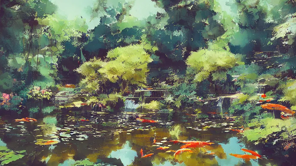 Image similar to painting of a koi pond by ismail inceoglu