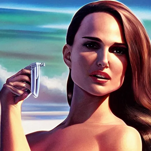 Prompt: Natalie Portman as a Bond girl at the beach, Joe Jusko, artstation, 8k photography