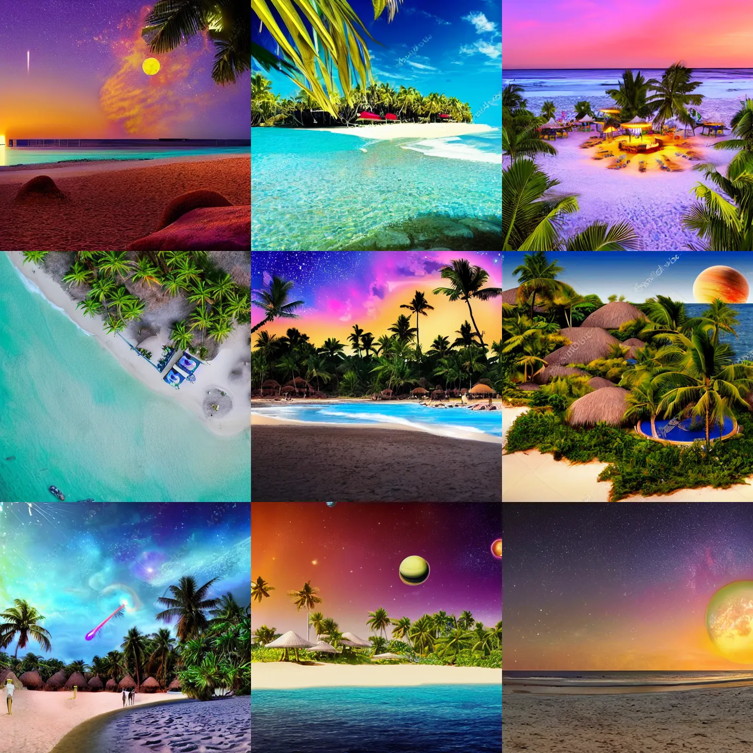 Prompt: tropical resort on a distant planet, on the beach, with stars and ringed, colorful planets in the sky