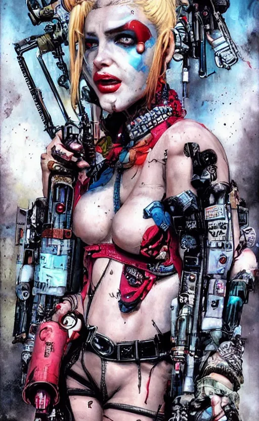 Image similar to a dream portrait of cyberpunk Harley Quinn in post apocalyptic Gotham art by Paul Dini, Travis Charest, Simon Bisley