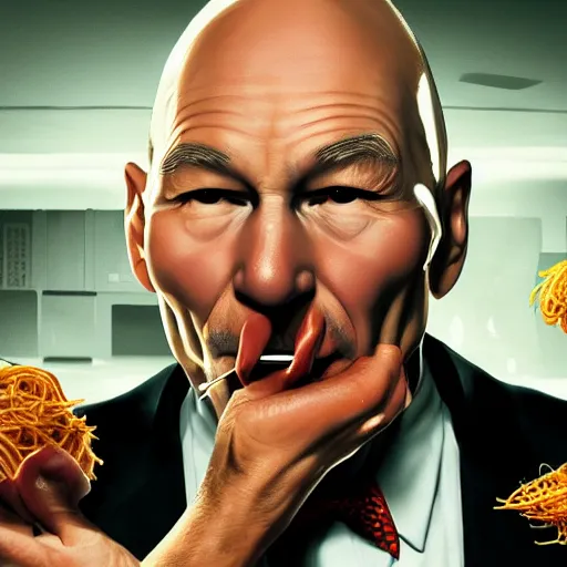 Image similar to patrick stewart eating spaghetti in strip club concept art, ultra realistic, digital art, rich deep colors, smooth shadows, high resolution, cinematic