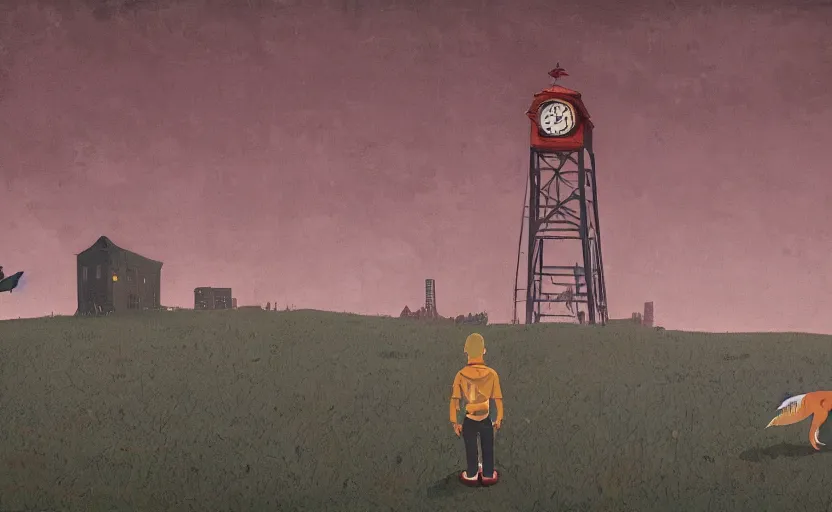 Prompt: a boy fighting a wolf on the edge of a clocktower, by simon stalenhag gouache, print