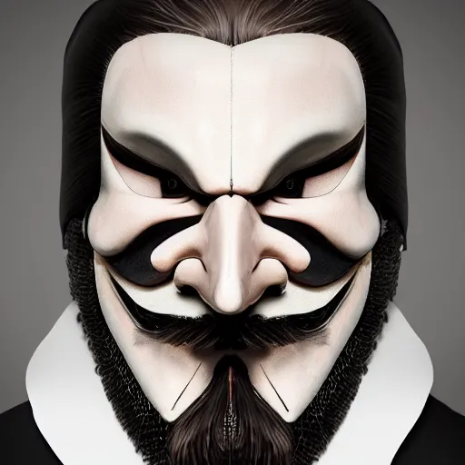 Image similar to man wearing guy fawkes mask, professional cosplay, cinematic, key light, 4 k, 8 k, photorealistic, ultra realistic, hyperrealistic