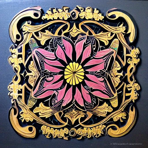 Prompt: Painted wood relief carving of Flowerpunk, explosion of flowers, intricately carved, fractal, tarot, black ink, holi