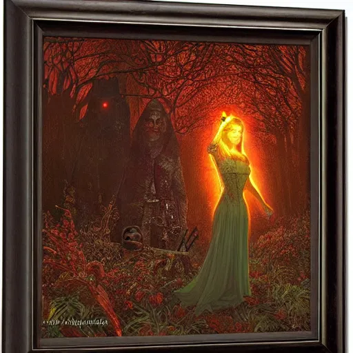 Image similar to the scarlet witch awaits her pursuers, victorian hunters, night time, deep forest, highly detailed, focus, mist nizovtsev, victor