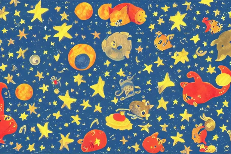 Prompt: night starry sky full of logo designs, style of henri rousseau and richard scarry and hiroshi yoshida