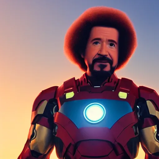 Image similar to a still of Bob Ross as Ironman. Magic Hour. Professional photography, 4K. Mood