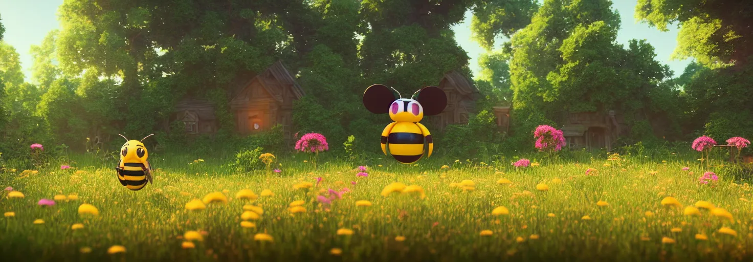 Image similar to large cute bee flying to crimson - black cute bee art school, in a beautiful forest meadow village landscape, flowers, happy trees, photorealistic, octane render, rtx, hdr, unreal engine, digital art widescreen 8 k, studio ghibli, disney, wlop