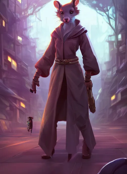 Prompt: commission of a beautiful portrait of a female anthro rat fursona wearing jedi robes in a forested cyberpunk city. character design by charlie bowater, ross tran, artgerm, and makoto shinkai, detailed, soft lighting, rendered in octane