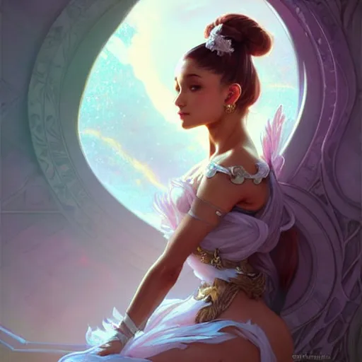 Image similar to Ariana Grande, fantasy, intricate, elegant, highly detailed, digital painting, artstation, concept art, matte, sharp focus, illustration, art by Artgerm and Greg Rutkowski and Alphonse Mucha